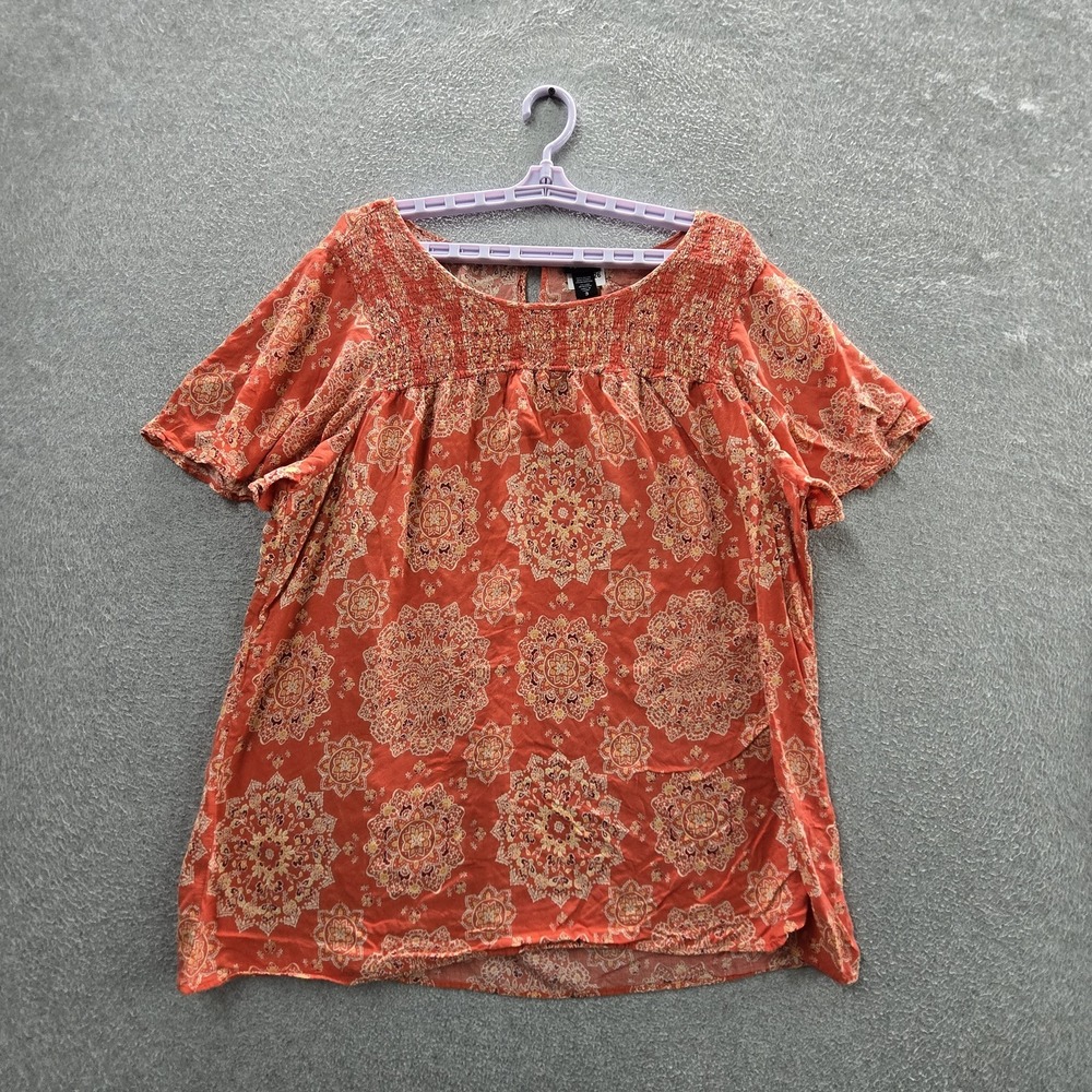 Torrid Women Blouse 3 Orange Geometric Boho Scoop Neck Pullover Short Sleeve